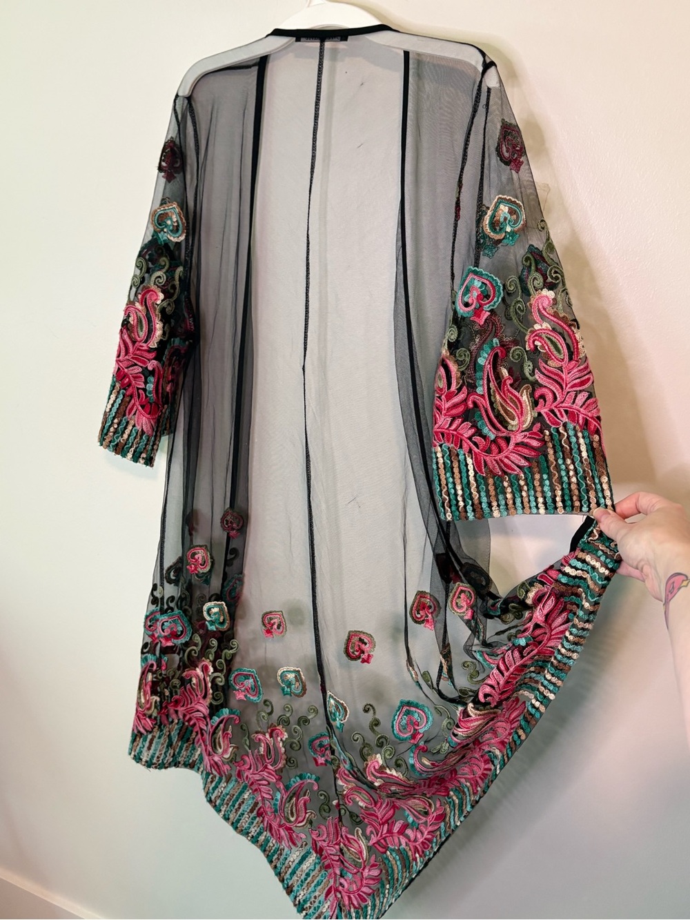 Embroidered Sheer Mesh Kimono with Pink & Teal Boho Floral Motif Sz Medium